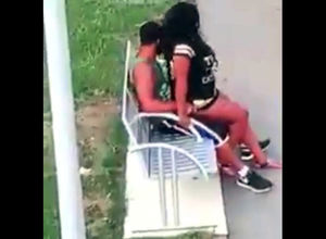 Ebony duo bangs on park bench not